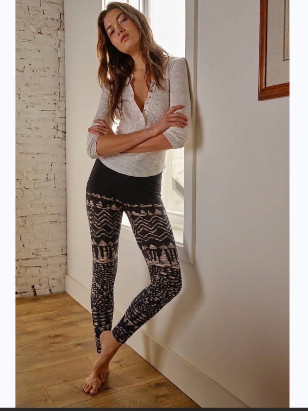Free People Boho Tribal Geometric Knit Leggings in Black and Beige - Size XS